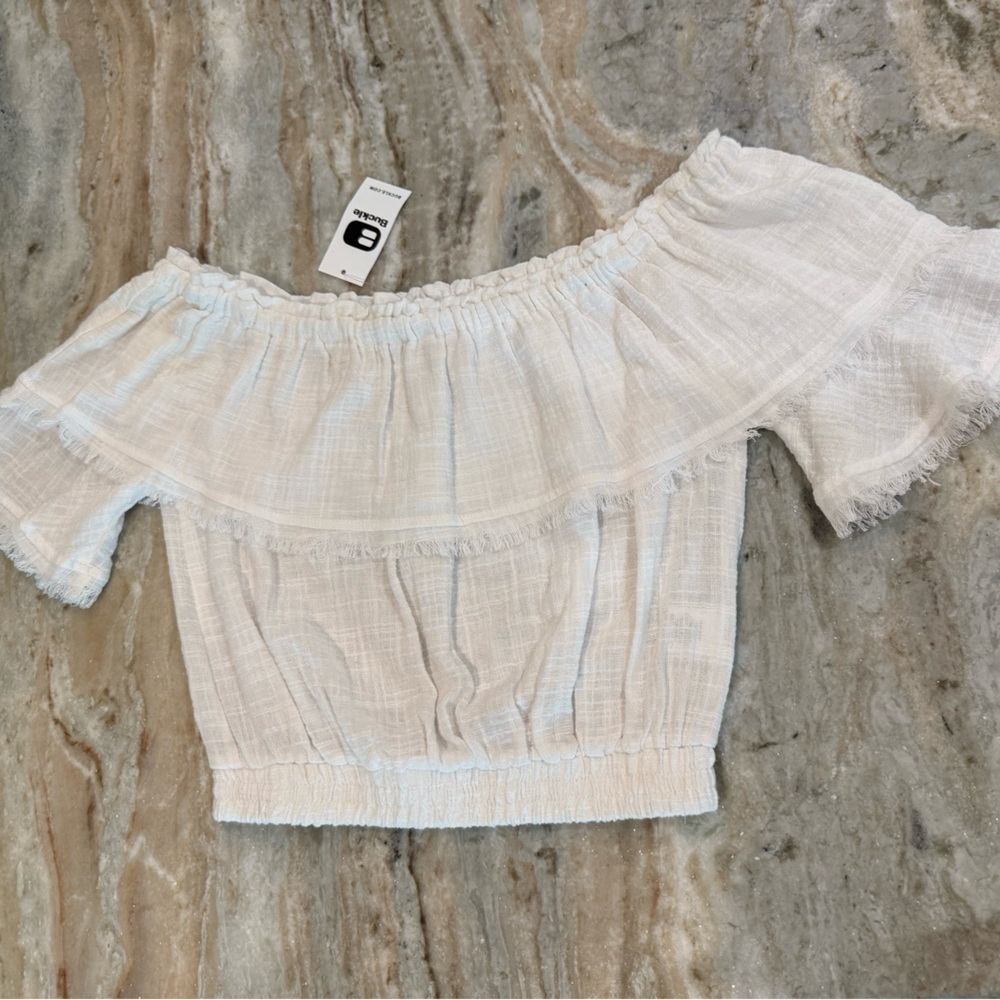 NWT Women’s HYFVEOff The Shoulder Linen Blend White Top- Size Small. - Picture 4 of 6